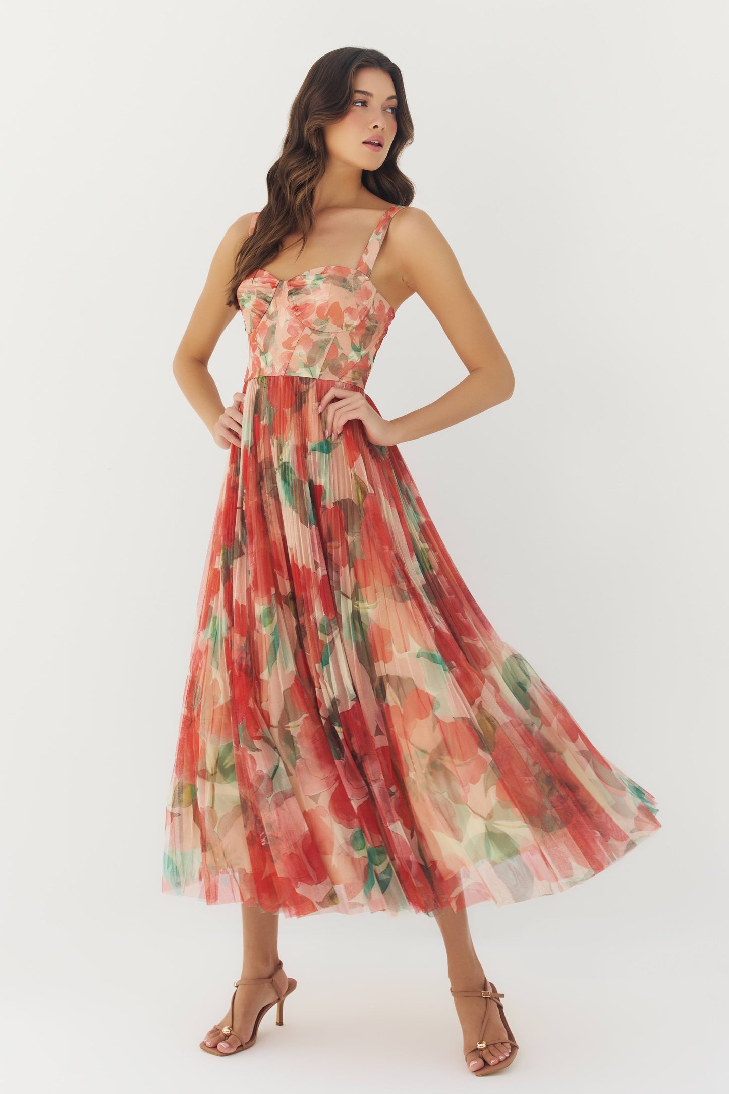 Ivory/Coral Watercolor Bloomed Floral Margot Watercolor Floral Gown