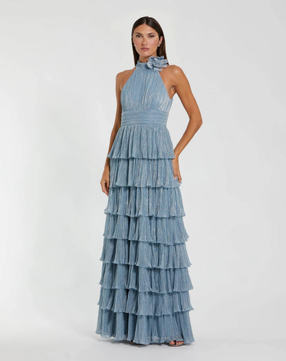 Length Pleated Metallic Evening Dress Tiered Skirt Mac Duggal 11882 Portia Tiered Tulle Halter Gown