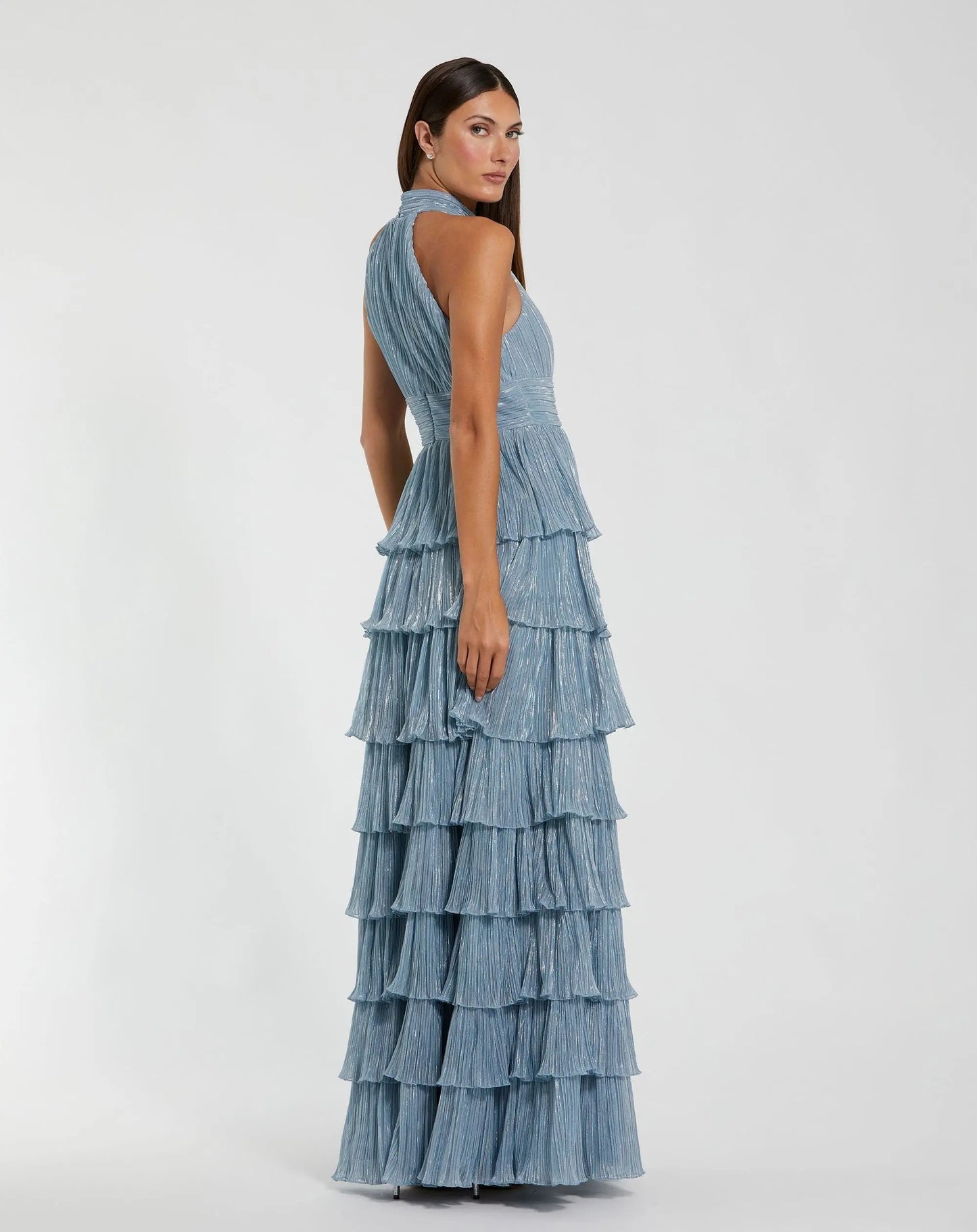 Length Pleated Metallic Evening Dress Tiered Skirt Mac Duggal 11882 Portia Tiered Tulle Halter Gown