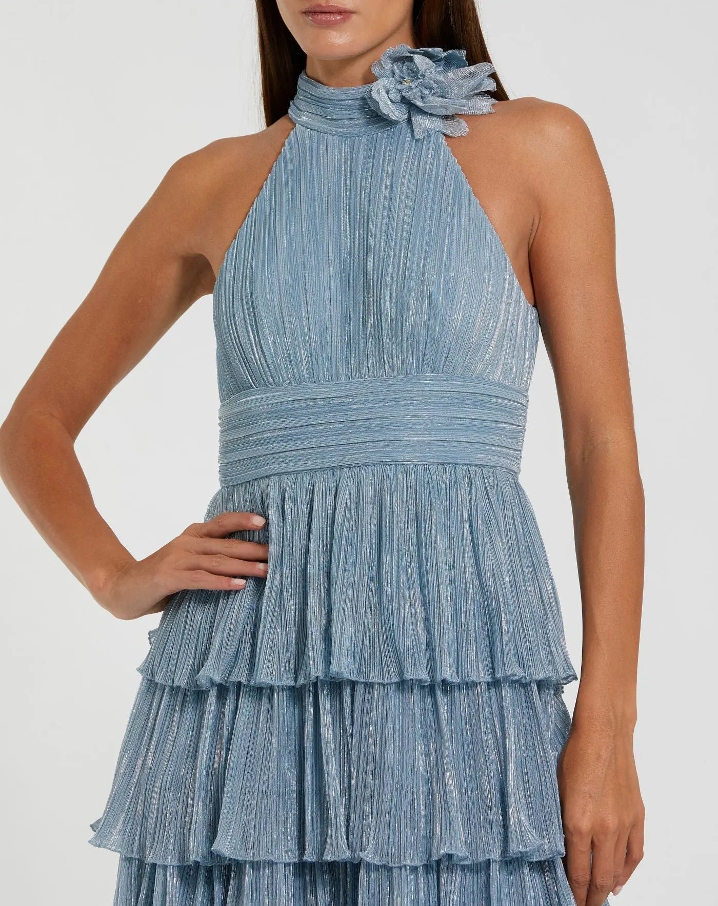 Length Pleated Metallic Evening Dress Tiered Skirt Mac Duggal 11882 Portia Tiered Tulle Halter Gown