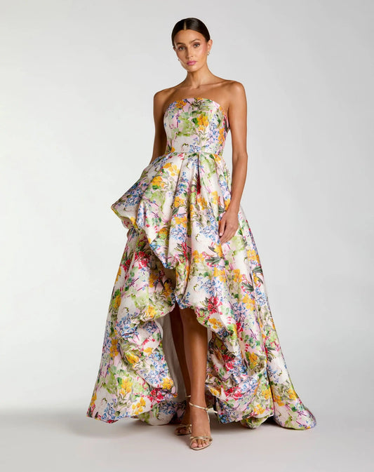 Pastel Multi Iris Floral Strapless High-Low Gown