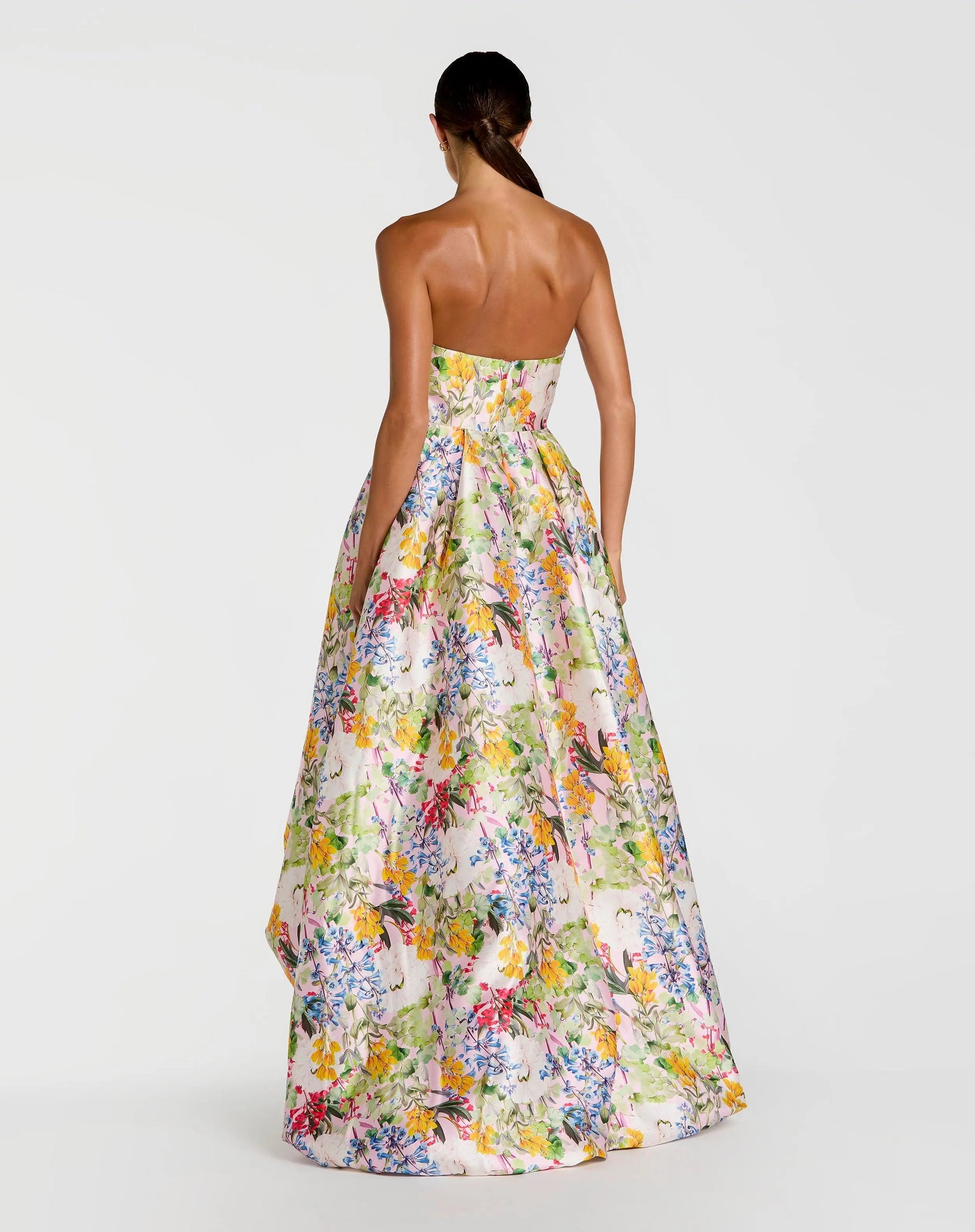 Pastel Multi Iris Floral Strapless High-Low Gown