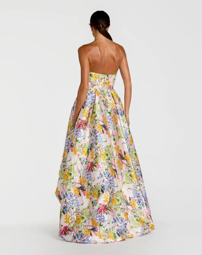 Pastel Multi Iris Floral Strapless High-Low Gown