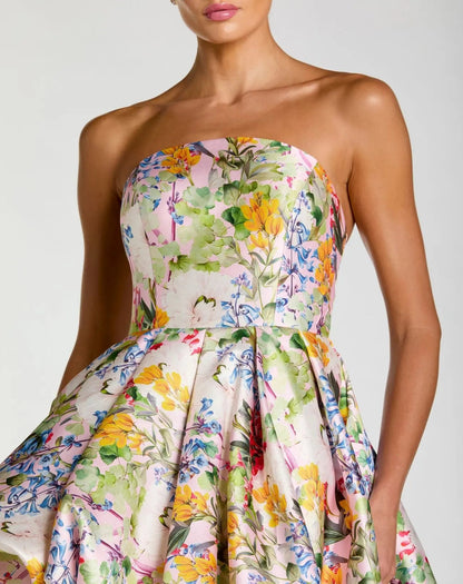 Pastel Multi Iris Floral Strapless High-Low Gown