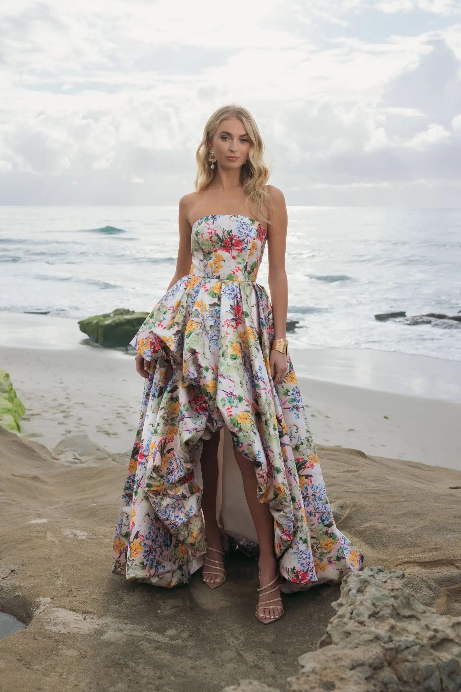 Pastel Multi Iris Floral Strapless High-Low Gown