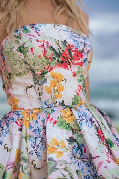 Pastel Multi Iris Floral Strapless High-Low Gown