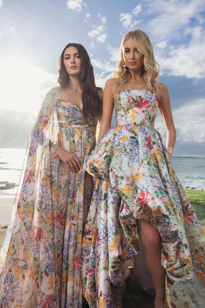Pastel Multi Iris Floral Strapless High-Low Gown