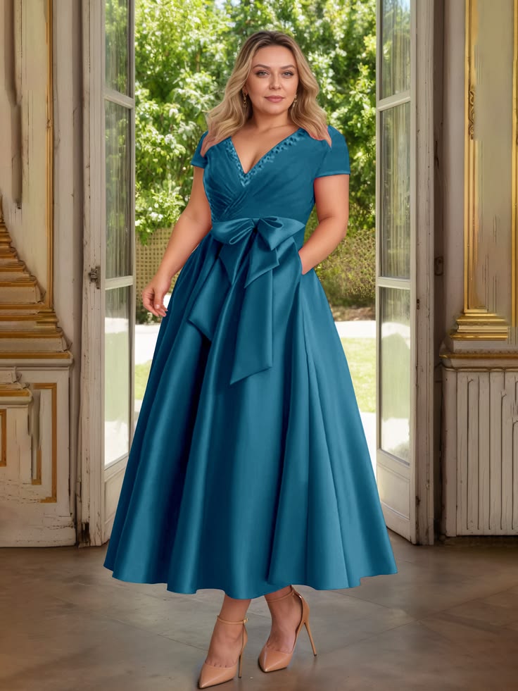 Cicinia Ink Blue Mother Of The Bride Dress Plus Size Long Satin A-line Beaded Ankle Length V-neck - Ink_Blue