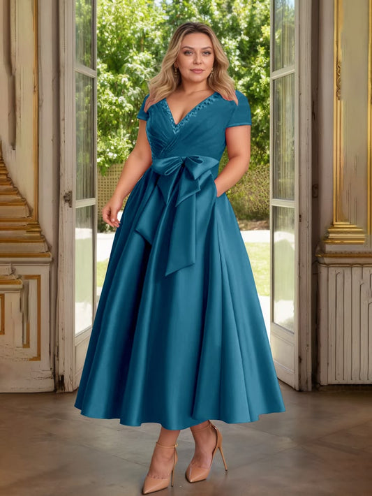 Cicinia Ink Blue Mother Of The Bride Dress Plus Size Long Satin A-line Beaded Ankle Length V-neck - Ink_Blue