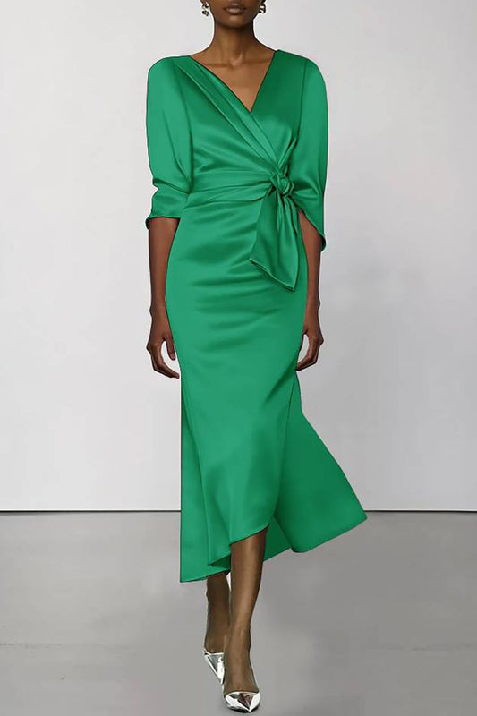 Fall Wedding Guest Dress Satin V-Neck Half Sleeve Midi Dress