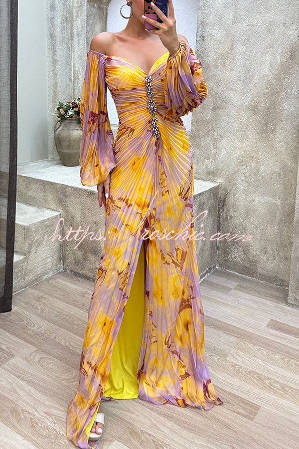Green Sunset Serenade Printed Off Shoulder Diamond Embellished Pleated Slit Maxi Dress