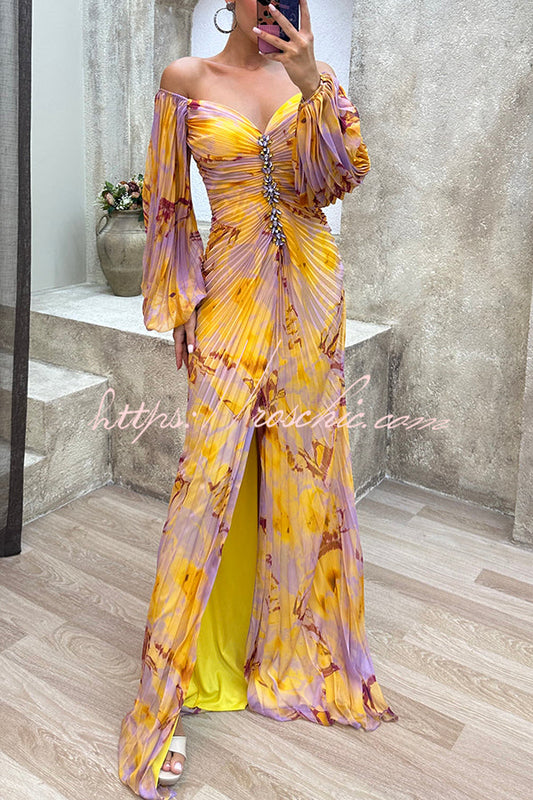 Yellow Sunset Serenade Printed Off Shoulder Diamond Embellished Pleated Slit Maxi Dress