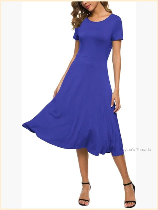 Women's Casual Round Neck Short Sleeve Midi Dress Stretchy Waist Knee Long Dress | Color: Blue | Size: Various