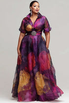 Xpluswear Design Plus Size Party Gold Round Neck Long Sleeve 3D Elegant High Low Hem Tulle Mini Dresses