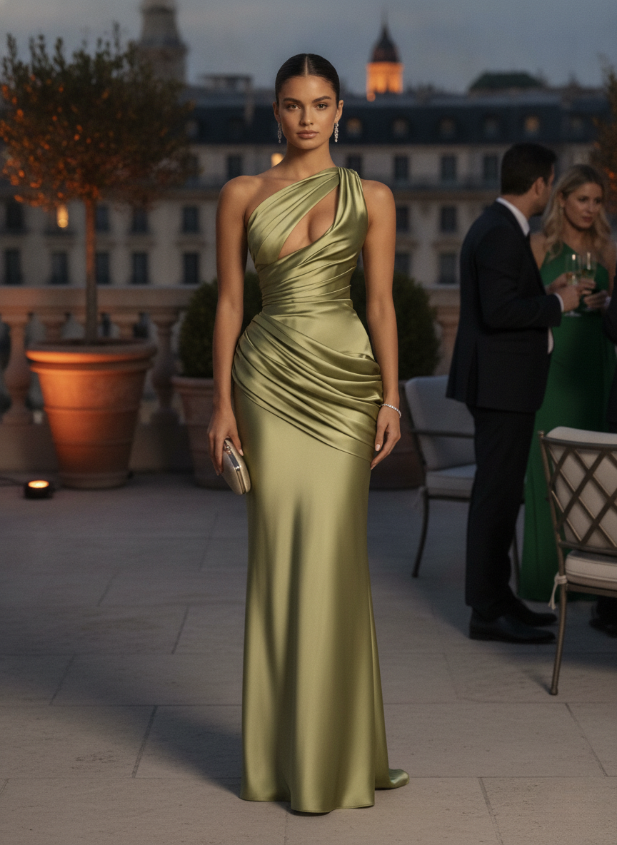 Shoulder Satin Maxi Dress in Light Olive Emina One-Shoulder Satin Maxi Dress