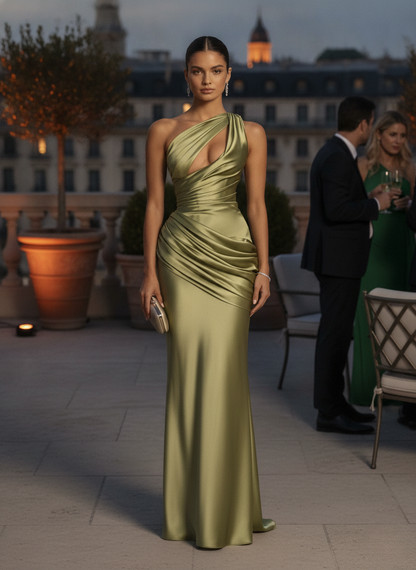 Shoulder Satin Maxi Dress in Light Olive Emina One-Shoulder Satin Maxi Dress