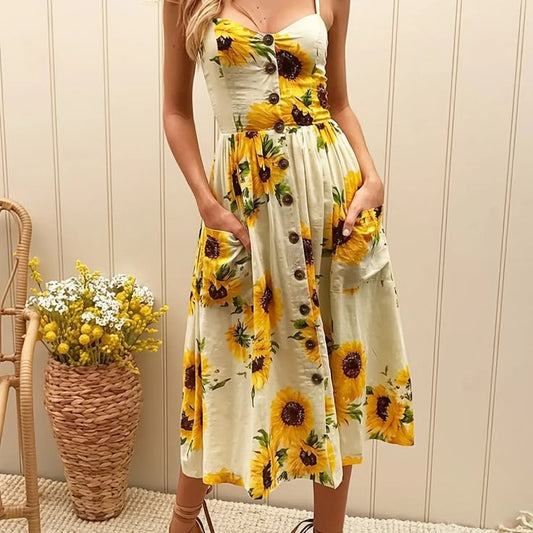 Sunflower Print Summer Dress | Color: Green/Yellow | Size: Xl (12)