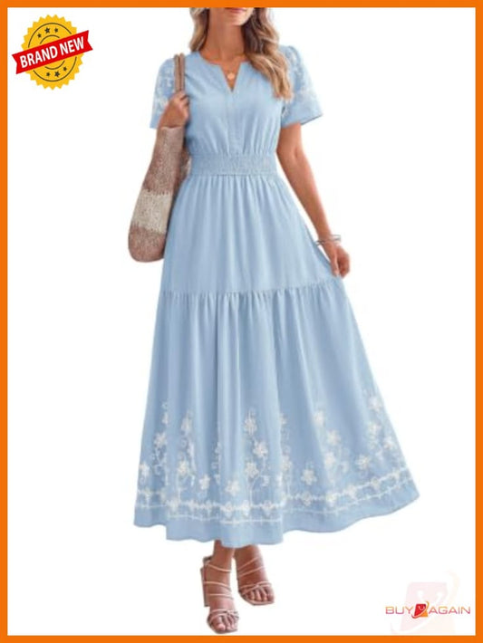 Floral Embroidered Maxi Dress V-Neck Short Sleeve A-Line Boho Wedding Guest | Color: Blue | Size: Various