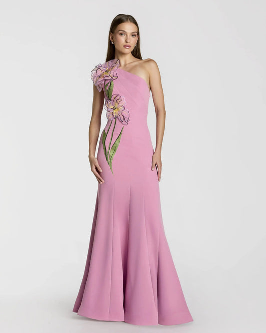 Orchid Pink One Shoulder Mermaid Gown With 3D Flower