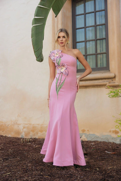 Orchid Pink One Shoulder Mermaid Gown With 3D Flower