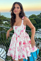 Pink A Line Floral Satin Short Homecoming Dress