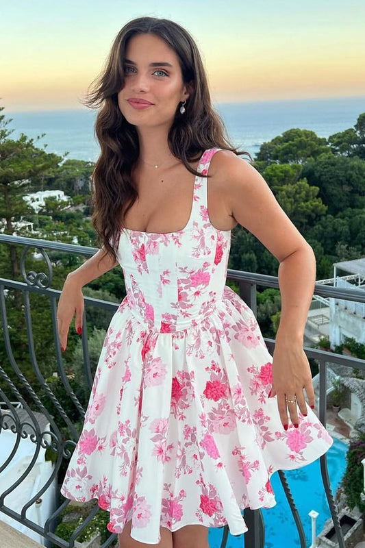 Pink A Line Floral Satin Short Homecoming Dress