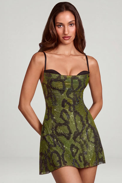 line Mini Dress in Green Snake Arabella Embellished Cowl Neck Mini Dress in Green Snake
