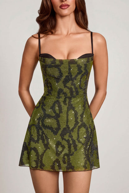 line Mini Dress in Green Snake Arabella Embellished Cowl Neck Mini Dress in Green Snake