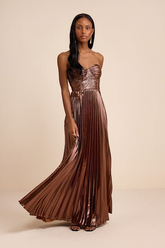 Arabella Lurex Pleated Strapless Maxi Dress