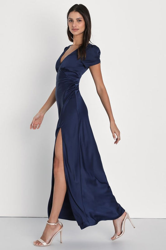 Celeste Navy Satin Maxi Dress