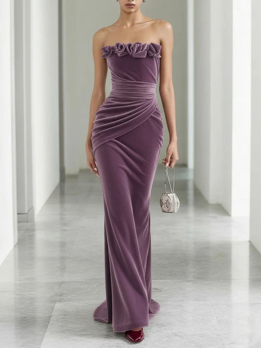 Margot 3D Floral Velvet Strapless Gown