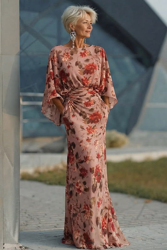 Dusty Rose Floral Ruched Sheath Mother of the Bride Dress with Long Sleeve