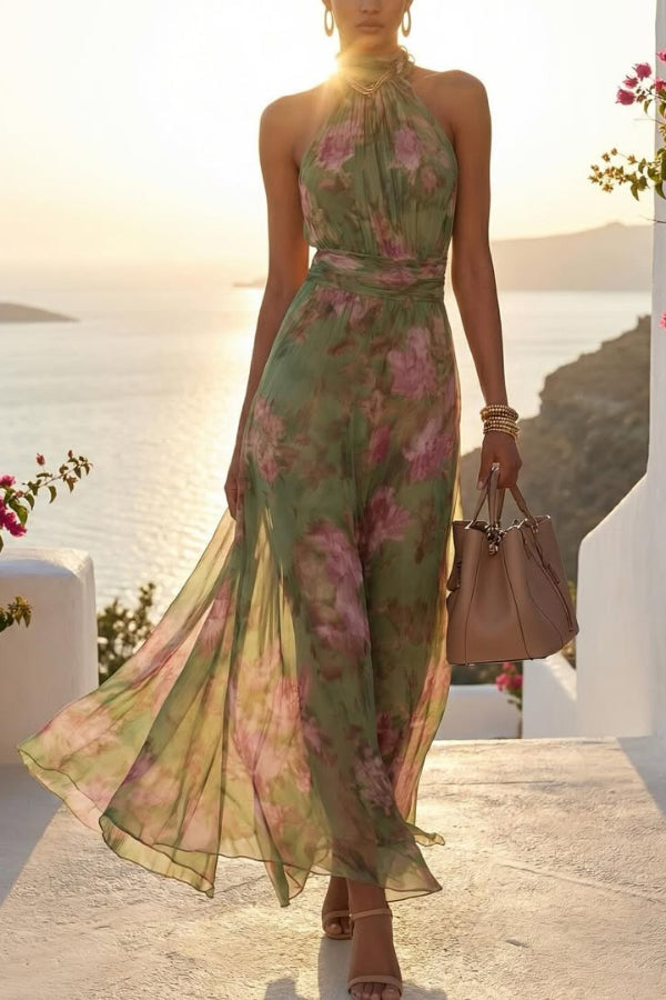 Green Margot Floral Halter Maxi Dress