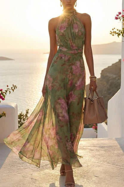 Green Margot Floral Halter Maxi Dress