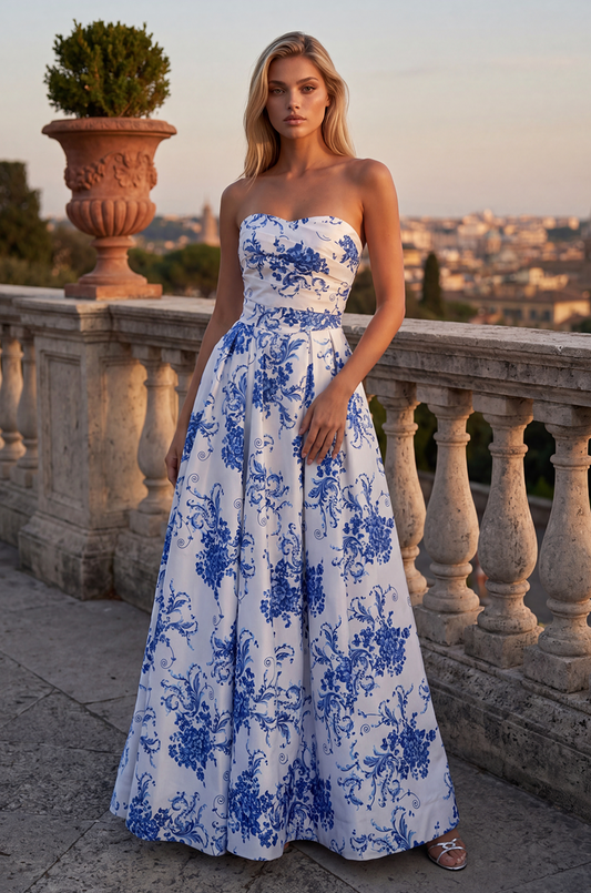 Blue Vivienne Floral Corset Gown