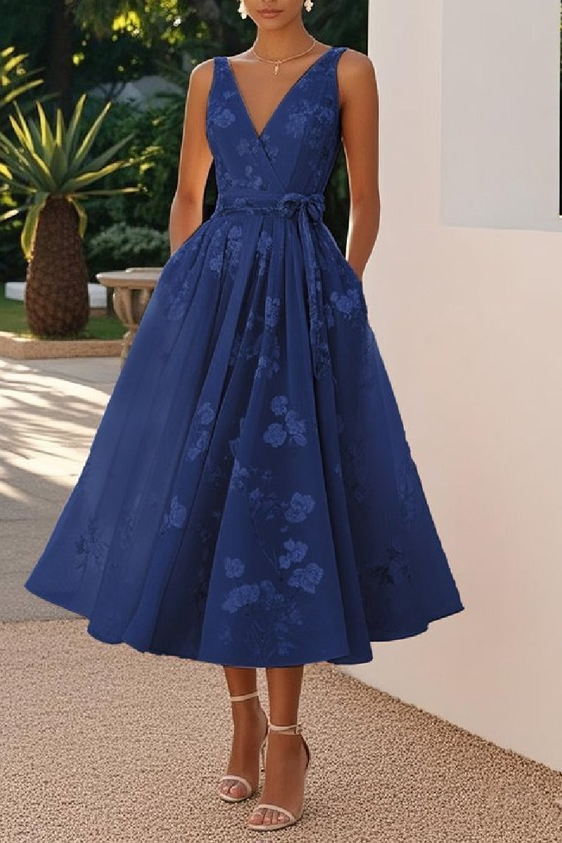 Sky Blue Adelaide Lace A-Line Tea Length Dress