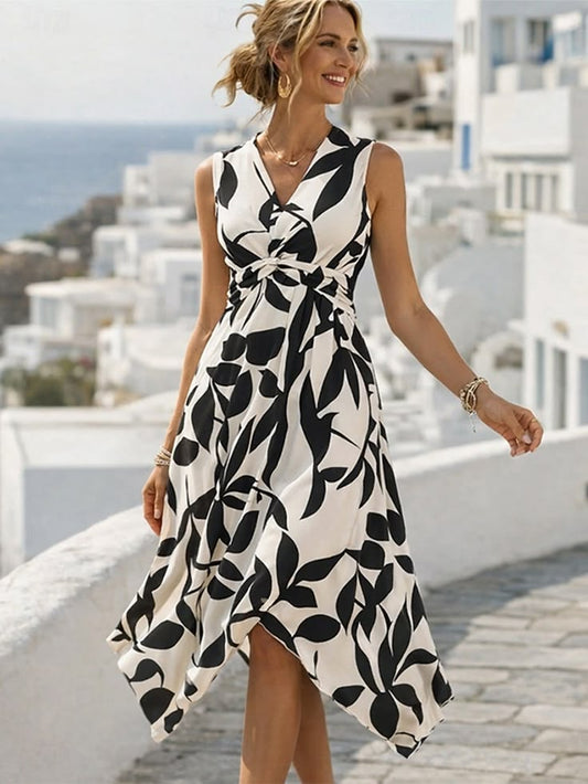 Women's Midi Dress Boho Dress Sundress Elegant Bohemia Vacation Beach Holiday Regular Fit Graphic Leaf Sleeveless V Neck