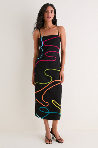 Black Linen & Multi Soutache Electra Linen Maxi Dress