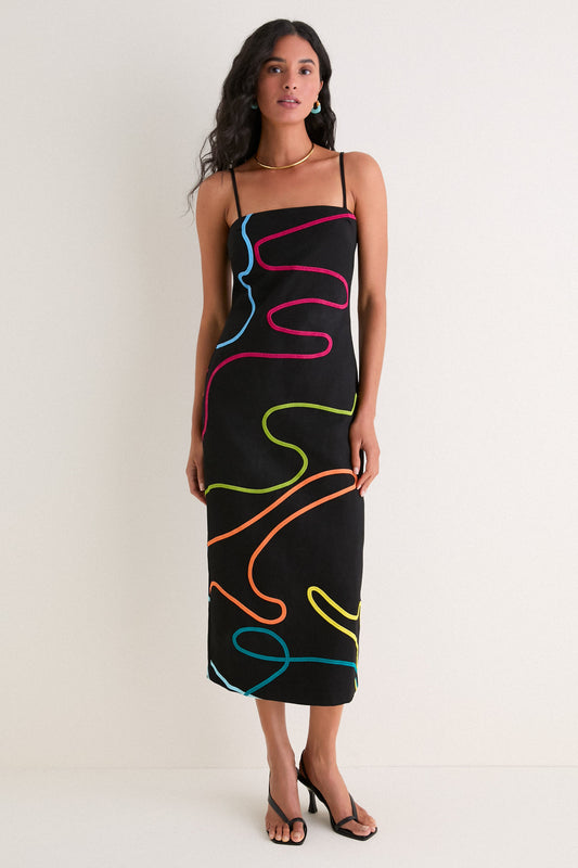Black Linen & Multi Soutache Electra Linen Maxi Dress