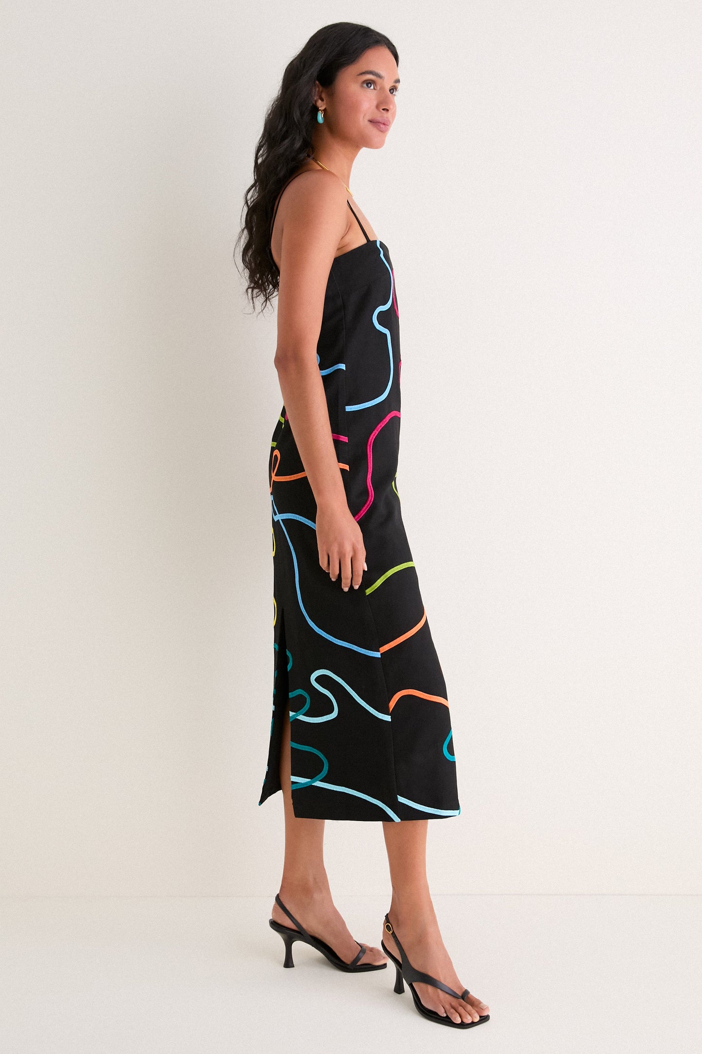 Black Linen & Multi Soutache Electra Linen Maxi Dress