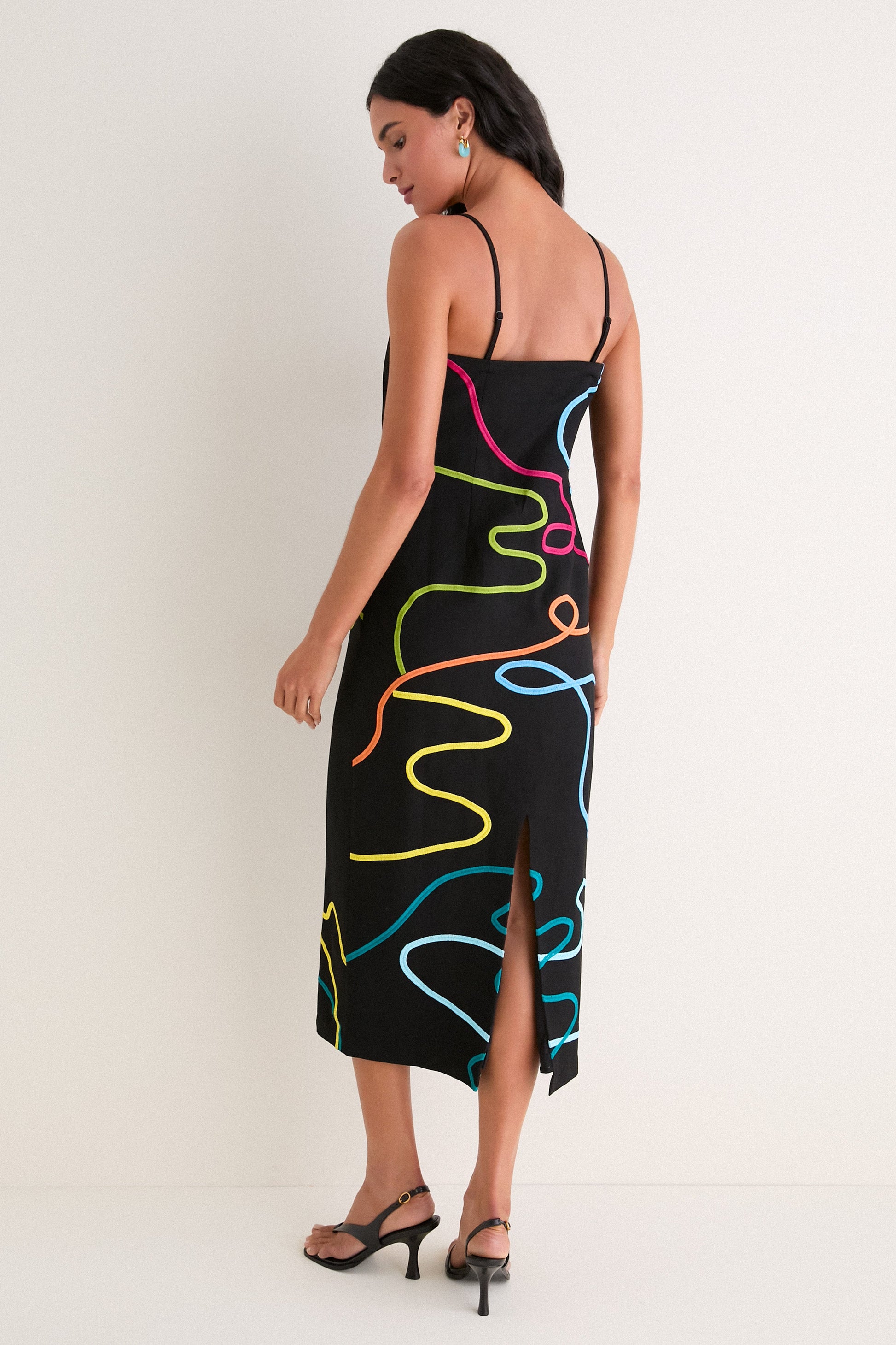 Black Linen & Multi Soutache Electra Linen Maxi Dress