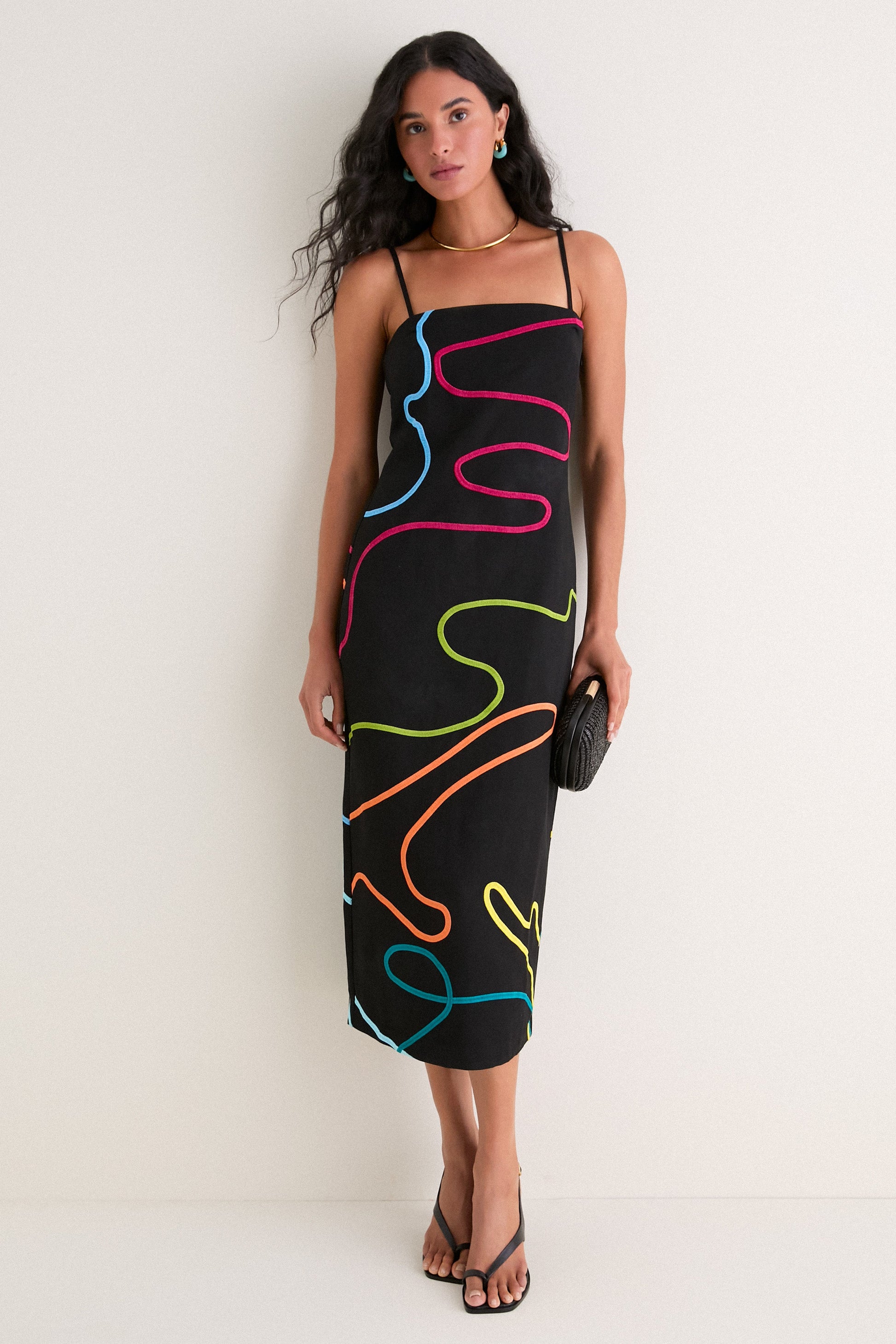 Black Linen & Multi Soutache Electra Linen Maxi Dress