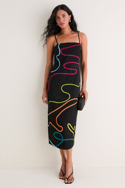 Black Linen & Multi Soutache Electra Linen Maxi Dress