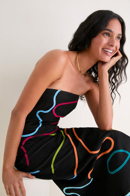 Black Linen & Multi Soutache Electra Linen Maxi Dress
