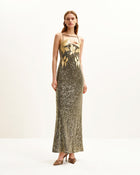Araminta Sequined Gown with Floral Embellishment