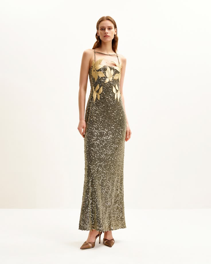 Araminta Sequined Gown with Floral Embellishment