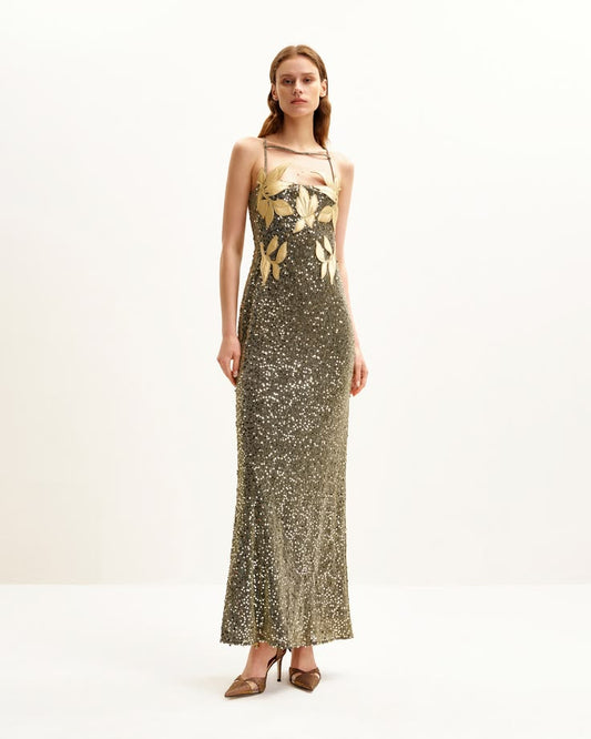Araminta Sequined Gown with Floral Embellishment