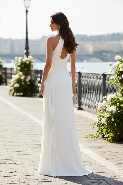 White Arabella Pleated Halter Gown