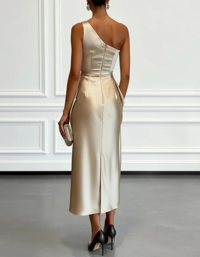Navy Blue Vivienne One-Shoulder Satin Midi Dress
