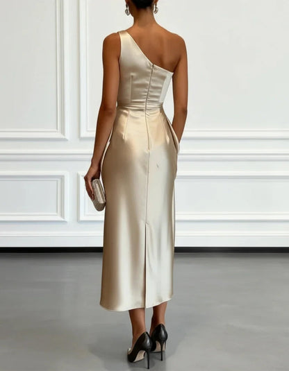 Champagne Vivienne One-Shoulder Satin Midi Dress